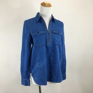 MADEWELL Blue Denim 1/4 Zipper Collar Long Sleeve Chambray Shirt